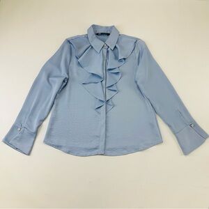 Zara ruffle pearl sateen blouse Medium long sleeve cool blue Feminine Romantic